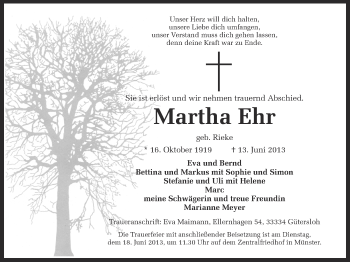 Anzeige von Martha Ehr von Münstersche Zeitung und Grevener Zeitung