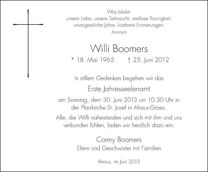 Traueranzeigen Von Willi Boomers Www Trauer Ms