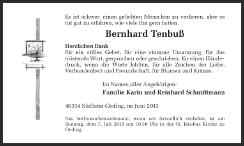 Anzeige von Bernhard Tenbuß von Münstersche Zeitung und Münsterland Zeitung