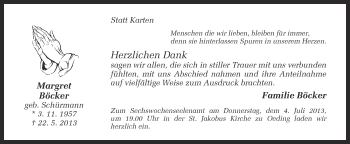 Anzeige von Margret Böcker von Münstersche Zeitung und Münsterland Zeitung