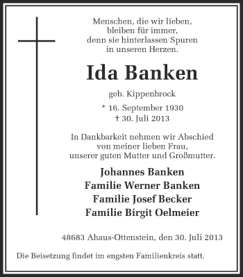 Anzeige von Ida Banken von Münstersche Zeitung und Münsterland Zeitung