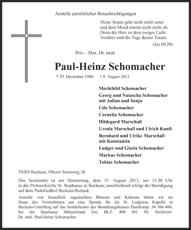  Traueranzeige für Paul-Heinz Schomacher vom 12.08.2013 aus Münstersche Zeitung und Grevener Zeitung