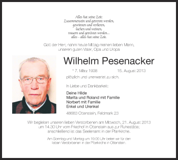 Anzeige von Wilhelm Pesenacker von Münstersche Zeitung und Münsterland Zeitung