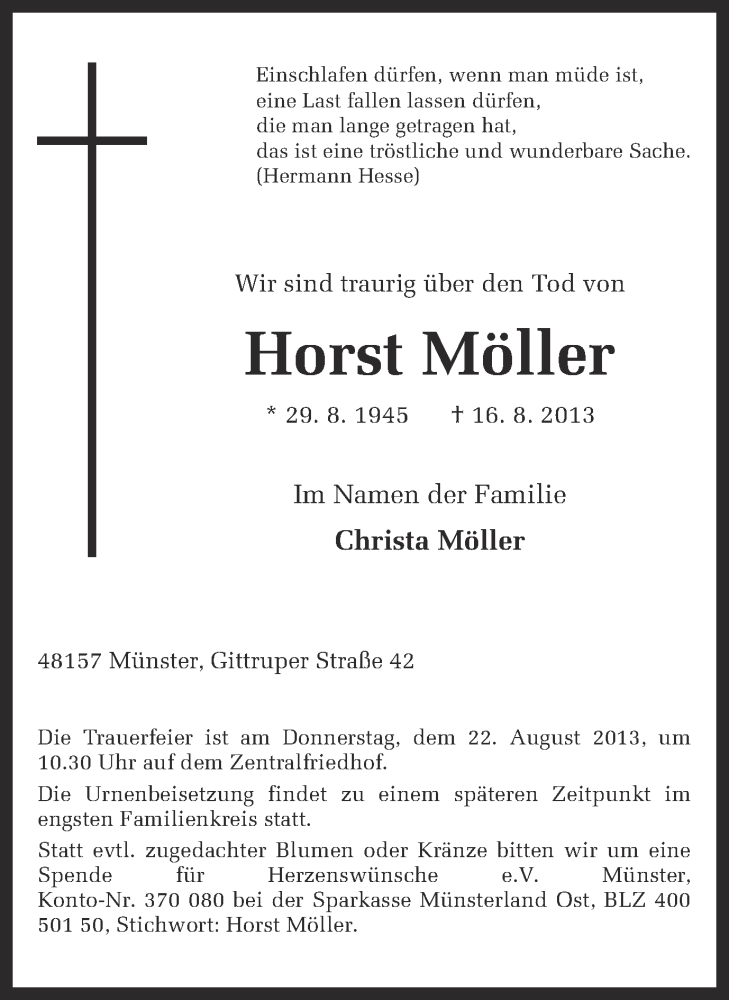  Traueranzeige für Horst Möller vom 20.08.2013 aus Münstersche Zeitung und Grevener Zeitung