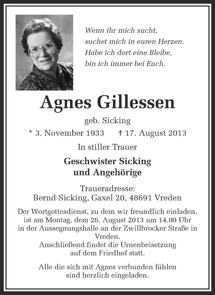 Traueranzeigen von Agnes Gillessen | www.trauer.ms