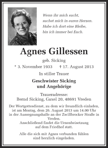 Anzeige von Agnes Gillessen von Münstersche Zeitung und Münsterland Zeitung