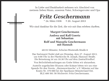 Anzeige von Fritz Geschermann von Münstersche Zeitung und Grevener Zeitung