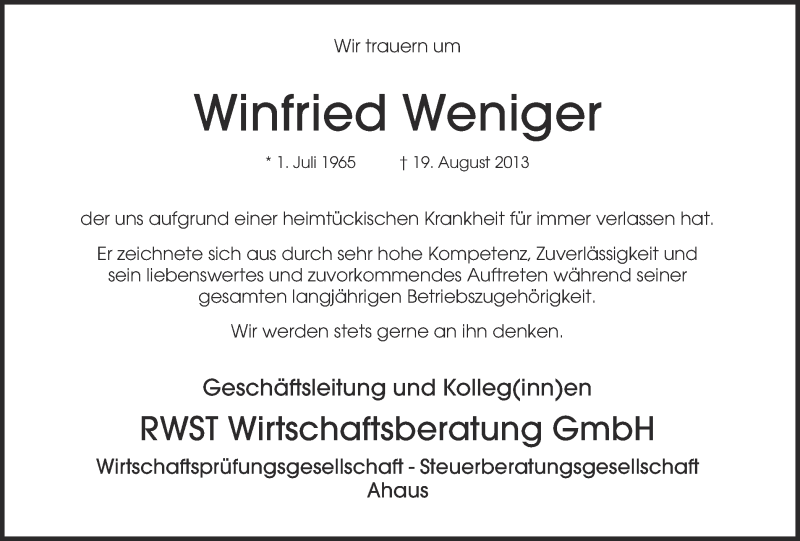  Traueranzeige für Winfried Weniger vom 24.08.2013 aus 