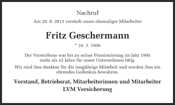 Anzeige von Fritz Geschermann von Münstersche Zeitung und Grevener Zeitung