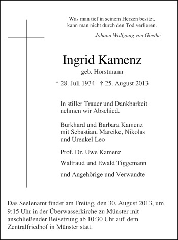 Anzeige von Ingrid Kamenz von Münstersche Zeitung und Grevener Zeitung