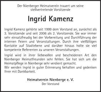 Anzeige von Ingrid Kamenz von Münstersche Zeitung und Grevener Zeitung