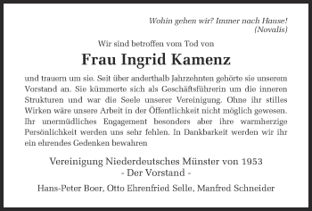 Anzeige von Ingrid Kamenz von Münstersche Zeitung und Grevener Zeitung