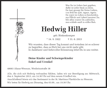 Anzeige von Hedwig Hiller von Münstersche Zeitung und Münsterland Zeitung