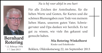 Anzeige von Bernhard Rotering von Münstersche Zeitung und Münsterland Zeitung