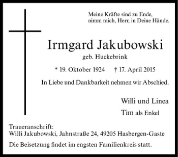 Anzeige von Irmgard Jakubowski von Westfälische Nachrichten