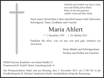 Anzeige von Maria Ahlert von Münstersche Zeitung und Grevener Zeitung