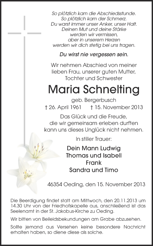  Traueranzeige für Maria Schnelting vom 18.11.2013 aus Münstersche Zeitung und Münsterland Zeitung