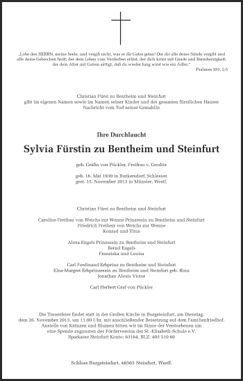 Anzeige von Sylvia Fürstin zu Bentheim und Steinfurt von Münstersche Zeitung, Emsdettener Volkszeitung, Grevener Zeitung und Münsterland Zeitung