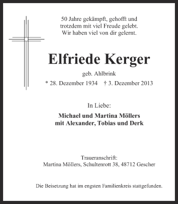 Anzeige von Elfriede Kerger von Münstersche Zeitung und Grevener Zeitung