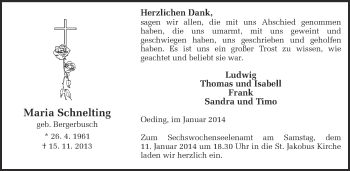 Anzeige von Maria Schnelting von Münstersche Zeitung und Münsterland Zeitung