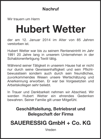 Anzeige von Hubert Wetter von Münstersche Zeitung und Münsterland Zeitung