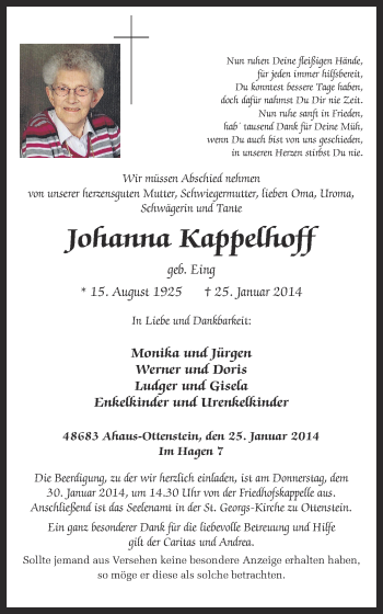 Anzeige von Johanna Kappelhoff von Münstersche Zeitung und Münsterland Zeitung