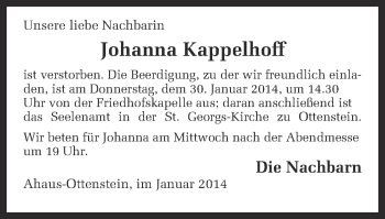 Anzeige von Johanna Kappelhoff von Münstersche Zeitung und Münsterland Zeitung