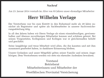 Anzeige von Wilhelm Verlage von Münstersche Zeitung und Grevener Zeitung