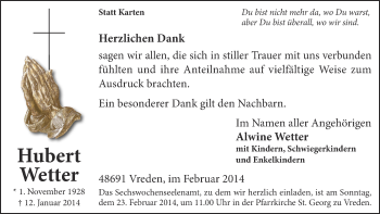 Anzeige von Hubert Wetter von Münstersche Zeitung und Münsterland Zeitung