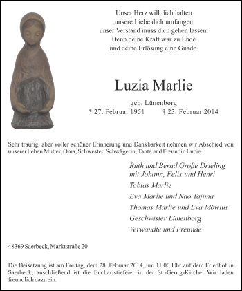 Anzeige von Luzia Marlie von Münstersche Zeitung und Grevener Zeitung