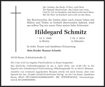 Anzeige von Hildegard Schmitz von Münstersche Zeitung und Grevener Zeitung