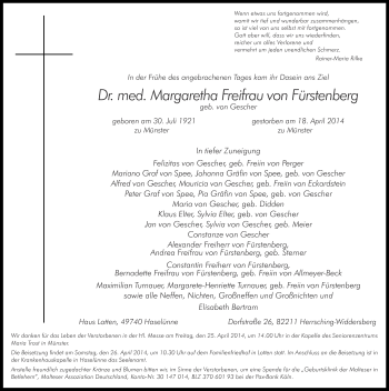 Anzeige von Margaretha Freifrau von Fürstenberg von Münstersche Zeitung und Grevener Zeitung