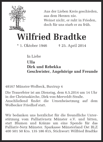 Anzeige von Wilfried Bradtke von Münstersche Zeitung und Grevener Zeitung