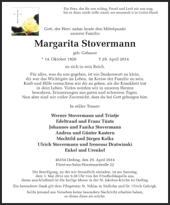 Anzeige von Margarita Stovermann von Münstersche Zeitung und Münsterland Zeitung