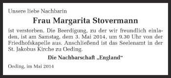 Anzeige von Margarita Stovermann von Münstersche Zeitung und Münsterland Zeitung