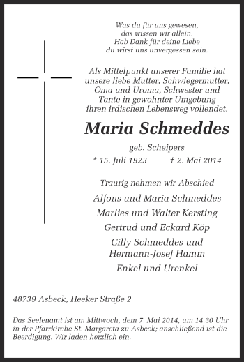 Anzeige von Maria Schmeddes von Münstersche Zeitung und Münsterland Zeitung