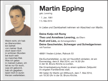 Anzeige von Martin Epping von Münstersche Zeitung und Münsterland Zeitung