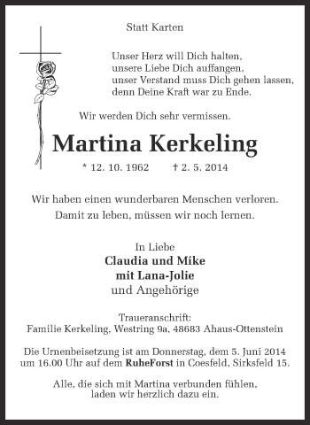 Anzeige von Martina Kerkeling von Münstersche Zeitung und Münsterland Zeitung