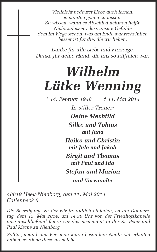  Traueranzeige für Wilhelm Lütke Wenning vom 13.05.2014 aus Münstersche Zeitung und Münsterland Zeitung