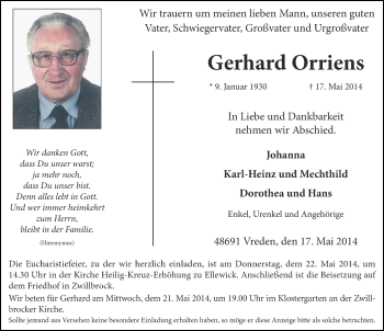 Anzeige von Gerhard Orriens von Münstersche Zeitung und Münsterland Zeitung