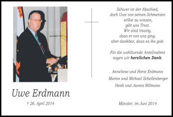 Anzeige von Uwe Erdmann von Münstersche Zeitung und Grevener Zeitung