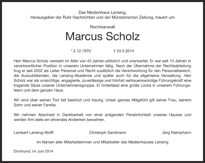  Traueranzeige für Marcus Scholz vom 04.06.2014 aus Ruhr Nachrichten