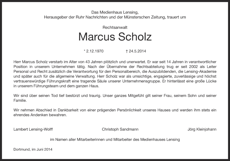  Traueranzeige für Marcus Scholz vom 04.06.2014 aus Münstersche Zeitung, Emsdettener Volkszeitung, Grevener Zeitung und Münsterland Zeitung