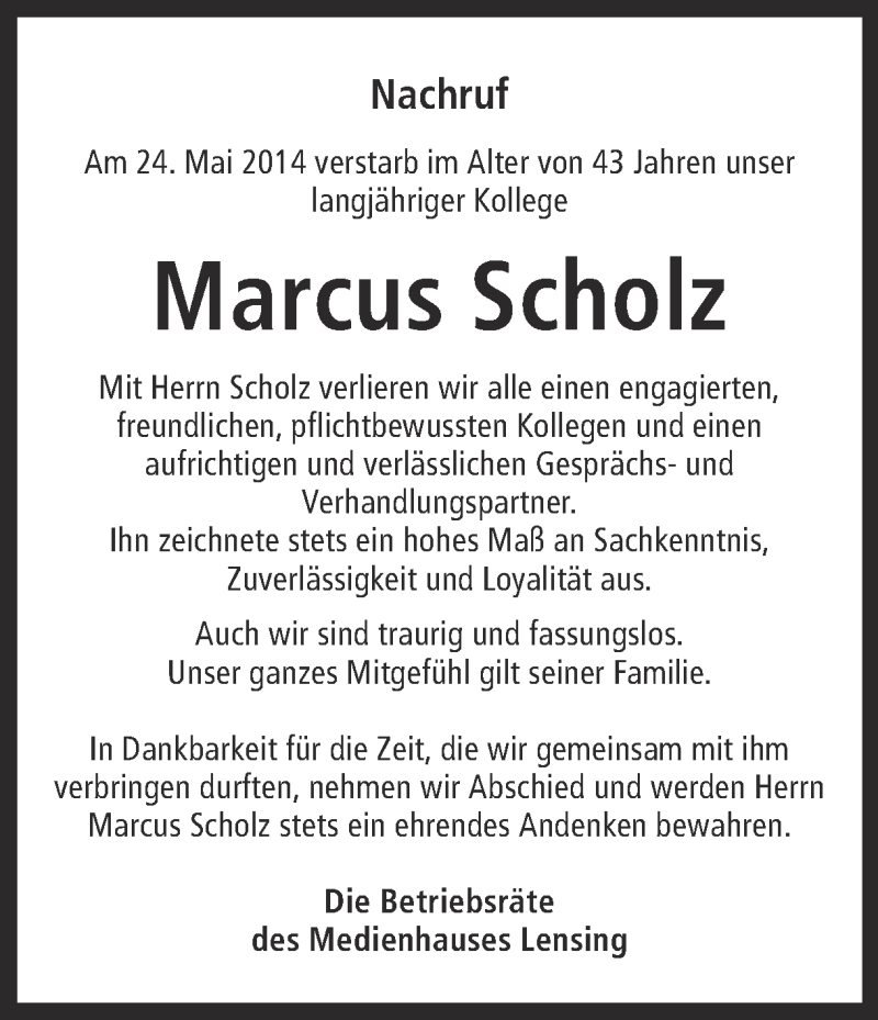  Traueranzeige für Marcus Scholz vom 04.06.2014 aus Ruhr Nachrichten