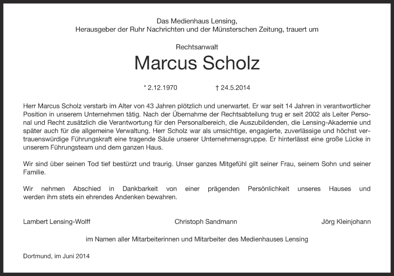  Traueranzeige für Marcus Scholz vom 04.06.2014 aus 