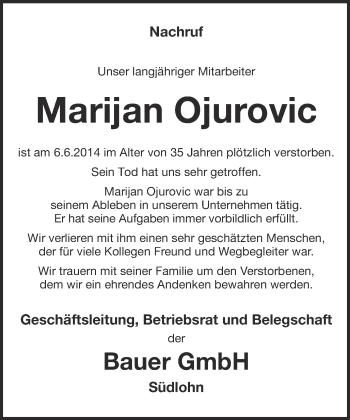 Anzeige von Marijan Ojurovic von Münstersche Zeitung und Münsterland Zeitung