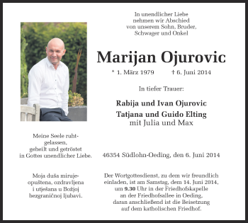 Anzeige von Marijan Ojurovic von Münstersche Zeitung und Münsterland Zeitung