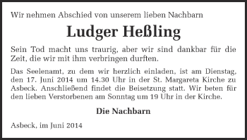 Anzeige von Ludger Heßling von Münstersche Zeitung und Münsterland Zeitung