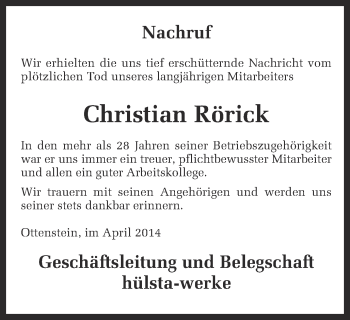 Anzeige von Christian Rörick von Münstersche Zeitung und Münsterland Zeitung