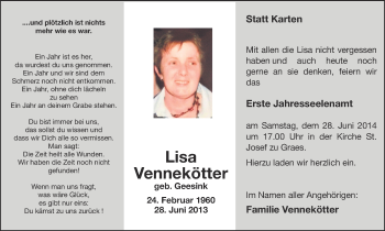 Anzeige von Lisa Vennekötter von Münstersche Zeitung und Münsterland Zeitung